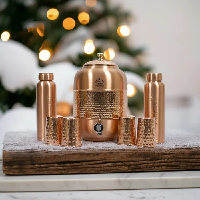 RoyalStuffs Pure Copper Water Dispenser Set – Hammered 8 Liter Copper Storage Tank with 2 Tumblers & 1 Bottle