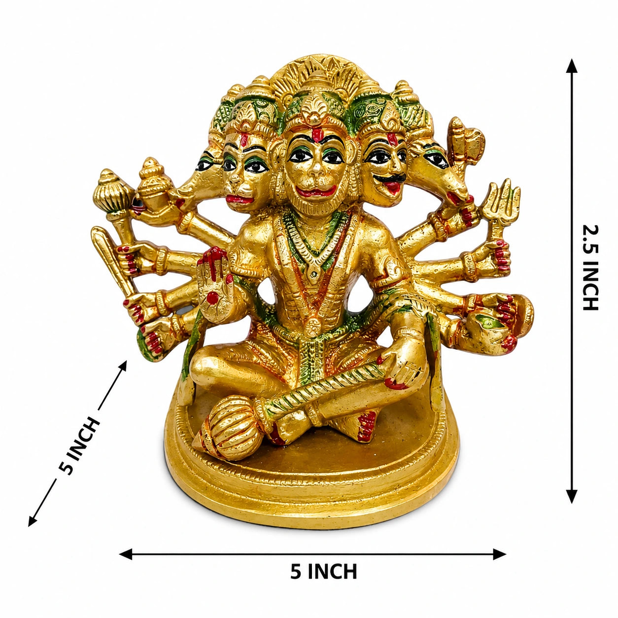 RoyalStuffs 5 Inch Pure Brass Panchmukhi Coloured Hanuman Ji Idol – Handcrafted Divine Brass Murti
