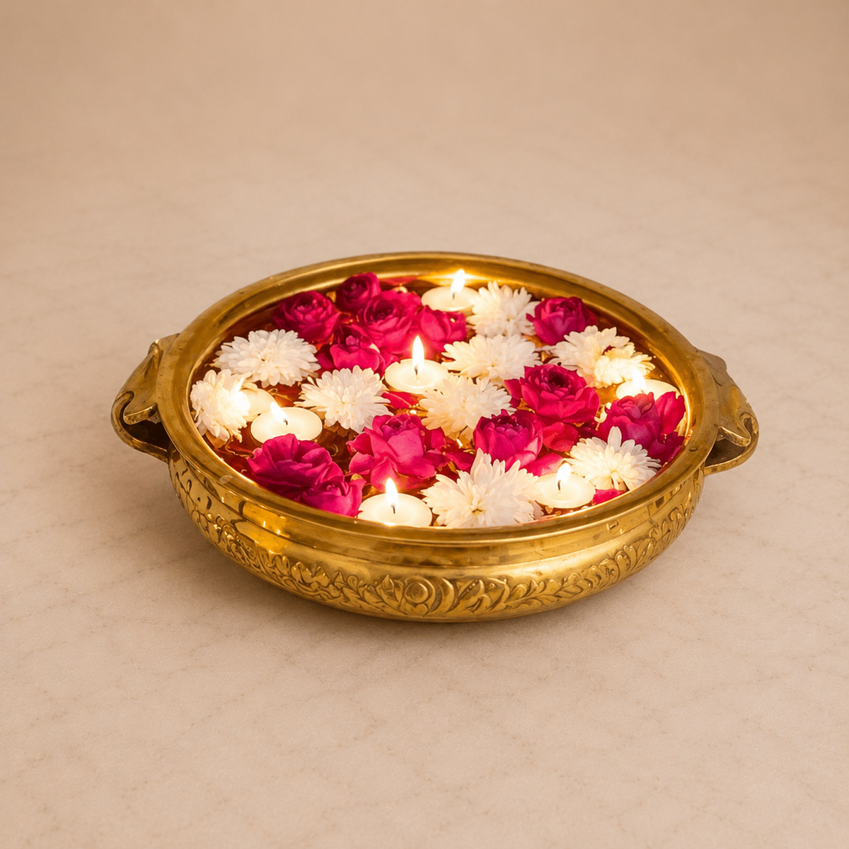Royal Handcrafted Brass Urli Bowl – Floral Design Decorative Pot (12 Inch)