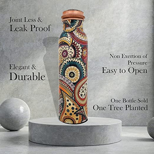 Colorful Paisley Pure Copper Water Bottle – Jointless Leak-Proof Ayurveda Bottle for Sports & Yoga (1000 ML)