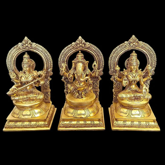 10 Inch Brass Lakshmi Ganesha Saraswati Statue Set – Premium Handcrafted Divine Idol Trio