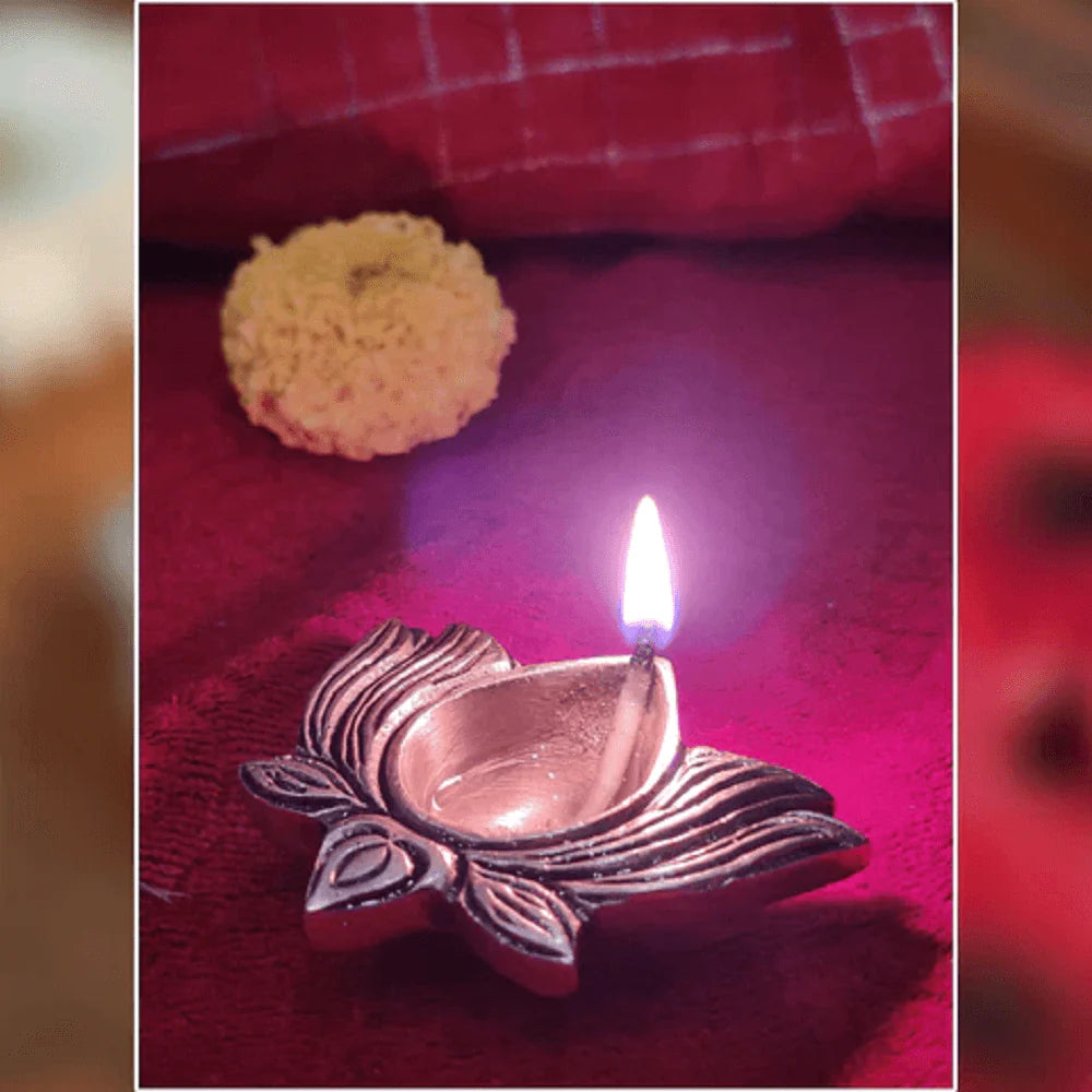 Indian Diwali Oil Lamp Pooja Diya Brass Light Lotus Kamal Laxmi Vilakku Decorative Wicks Diyas Set of 8 – Gold Finish