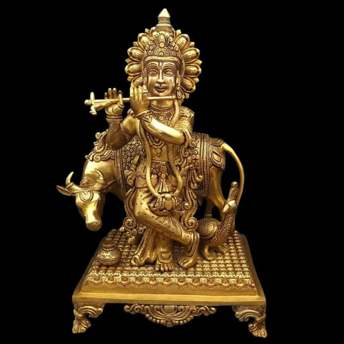 Lord Krishna Brass Statue with Cow – Premium Handcrafted Brass Krishna Idol (16 Inch)