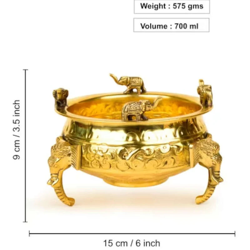 Royal Handcrafted Brass Urli Bowl with Elephant Design – 6 Inch Decorative Pot