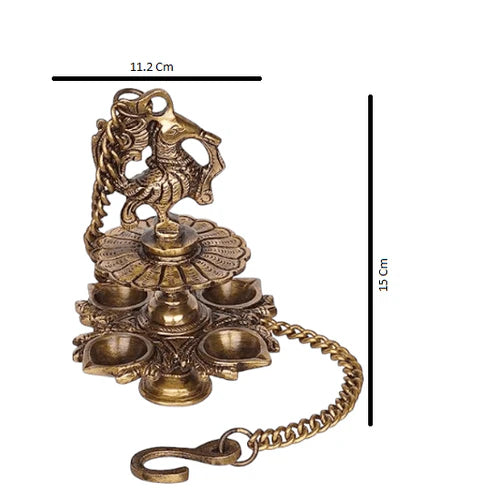 Royal Handcrafted Brass Hanging Bird Diya with 4 Oil Lamps – Antique Finish