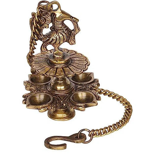 Royal Handcrafted Brass Hanging Bird Diya with 4 Oil Lamps – Antique Finish