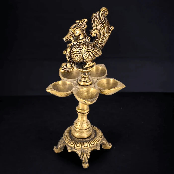 Brass Peacock Oil Lamp Diya – 5 Wick Handcrafted Decorative Piece (9.5 Inch)