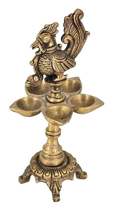 Brass Peacock Oil Lamp Diya – 5 Wick Handcrafted Decorative Piece (9.5 Inch)