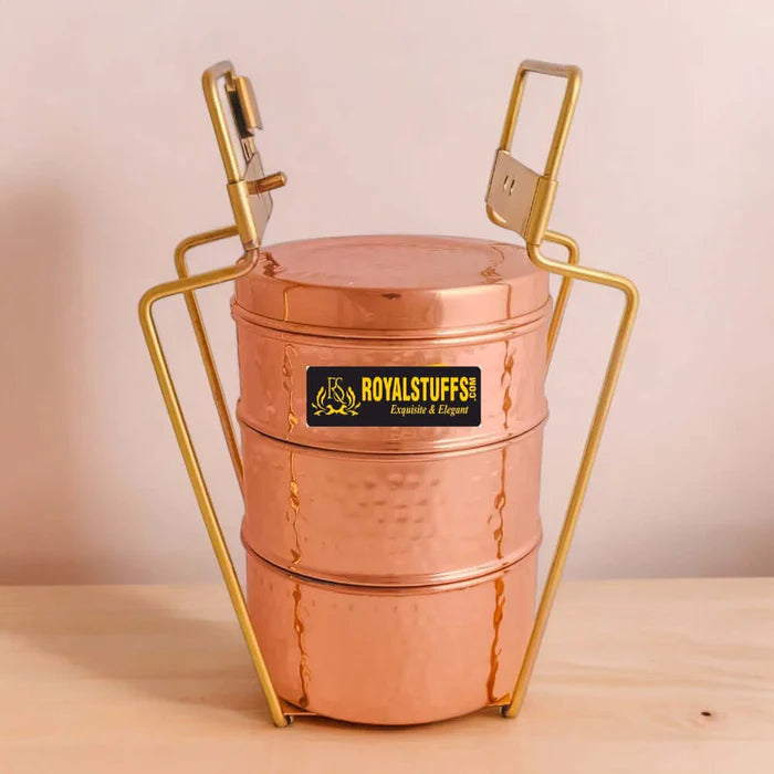 RoyalStuffs Copper 3 Tier Office Tiffin Lunch Box with Tin Lining – Hammered Copper Lunch Carrier