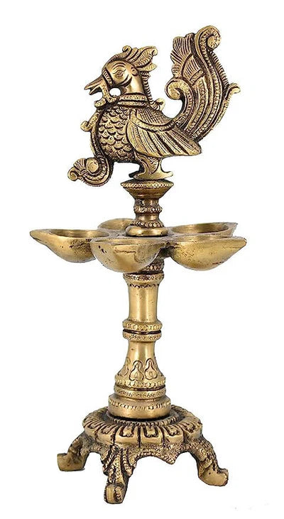 Brass Peacock Oil Lamp Diya – 5 Wick Handcrafted Decorative Piece (9.5 Inch)