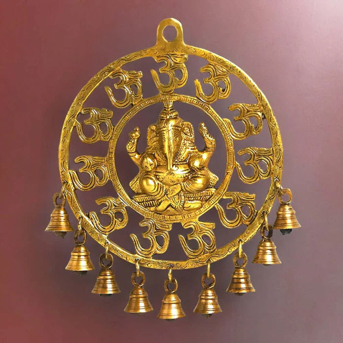 Decorative Pure Brass Om Ganesha Wall Hanging with Bells – Handcrafted Spiritual Home Décor