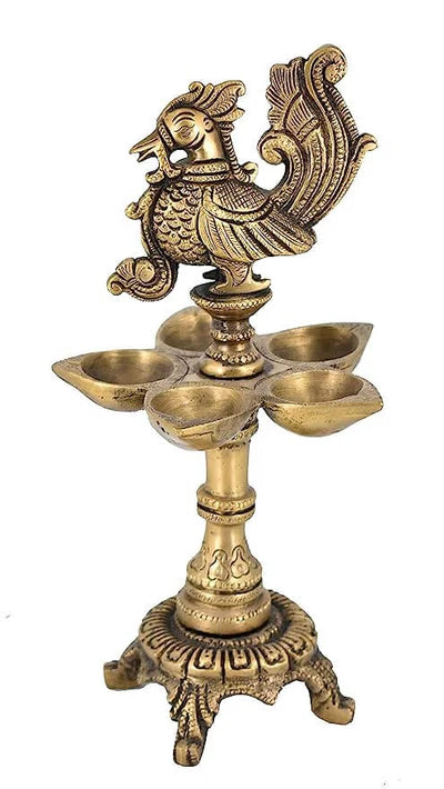 Brass Peacock Oil Lamp Diya – 5 Wick Handcrafted Decorative Piece (9.5 Inch)