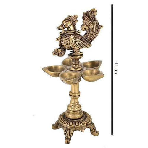Brass Peacock Oil Lamp Diya – 5 Wick Handcrafted Decorative Piece (9.5 Inch)