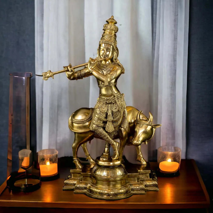 Brass Krishna with Cow Statue – Golden Finish Premium Handcrafted Krishna Idol (25 Inch)