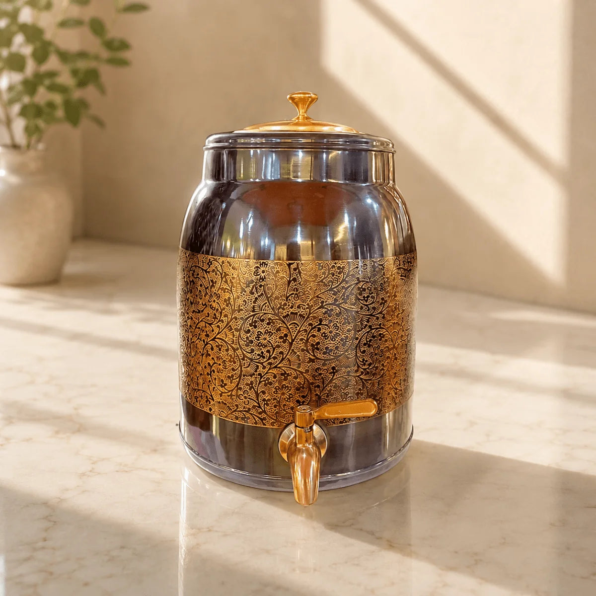 RoyalStuffs 8 L Pure Copper Water Dispenser – Lesser Etching Antique Finish Beverage Dispenser with Tap