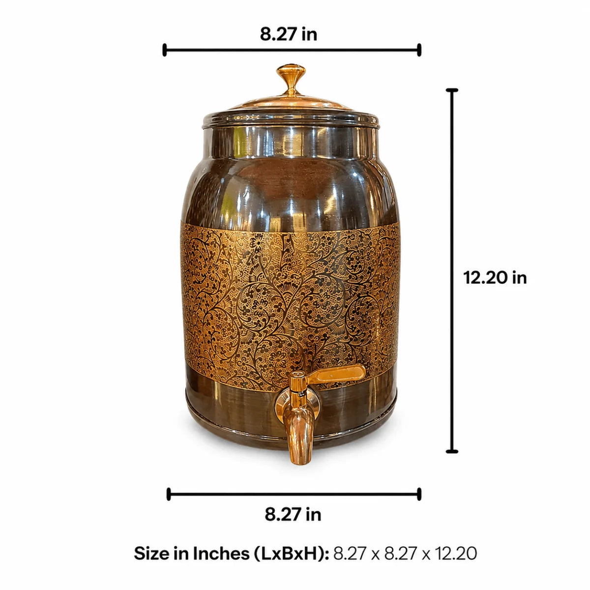 RoyalStuffs 8 L Pure Copper Water Dispenser – Lesser Etching Antique Finish Beverage Dispenser with Tap