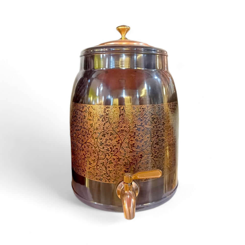 RoyalStuffs 8 L Pure Copper Water Dispenser – Lesser Etching Antique Finish Beverage Dispenser with Tap