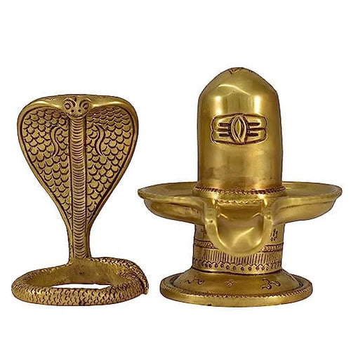 Vrindavan Pure Brass Shivling with Naag Dev – Handcrafted Fine Carved Shivling Idol