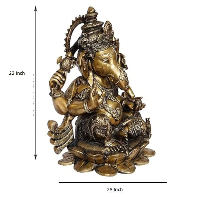 RoyalStuffs 22 Inch Brass Lord Ganesha Statue – Large Handmade Ganpati Idol Seated on Lotus