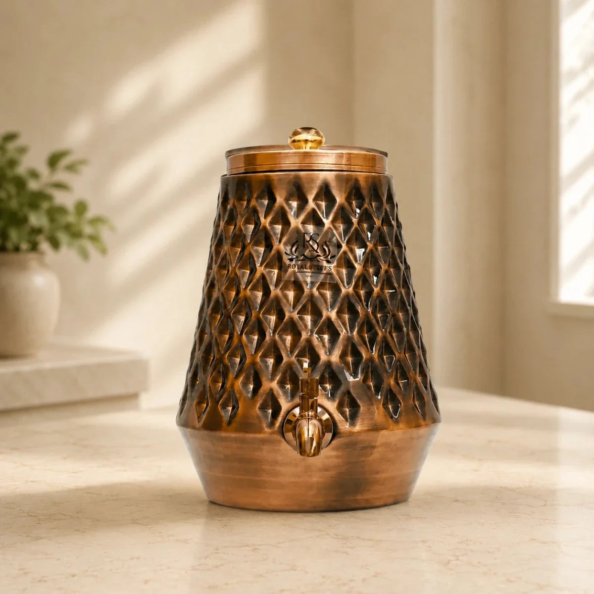 Pure Copper 8 Litre Water Dispenser with Brass Tap – Diamond Shape Storage Container