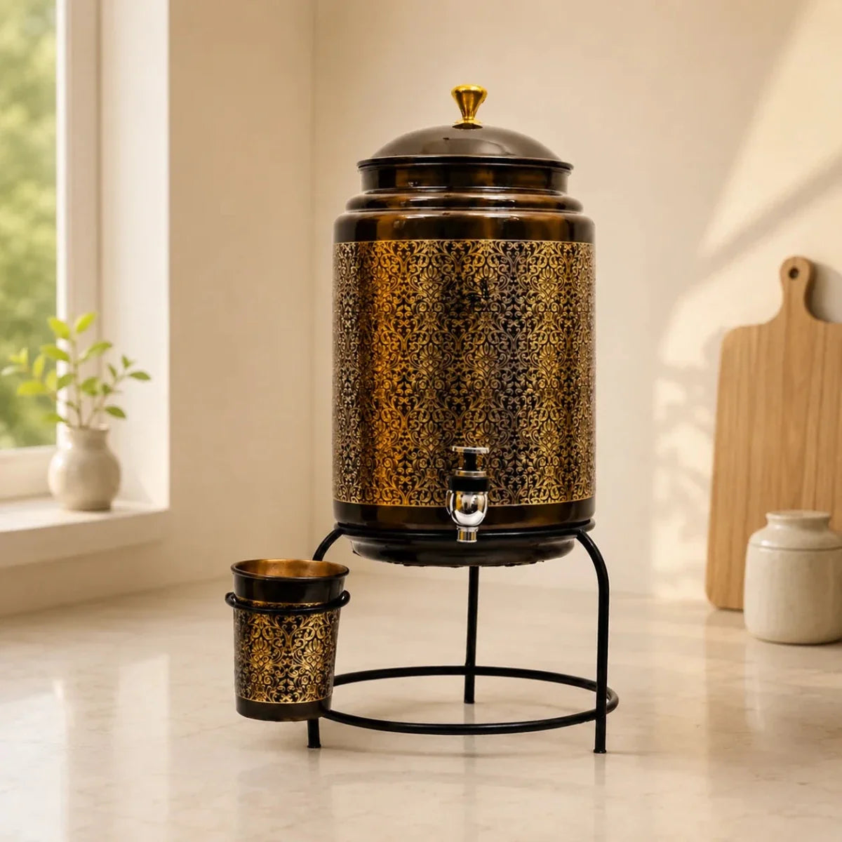 RoyalStuffs Copper Water Dispenser with Stand & Glass – 8 Liter Hammered Copper Water Tank