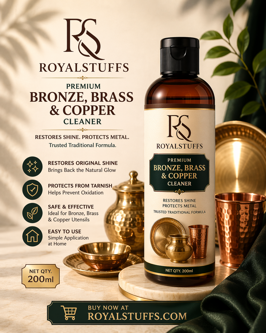 RoyalStuffs Premium Bronze Brass & Copper Cleaning Liquid 200ml