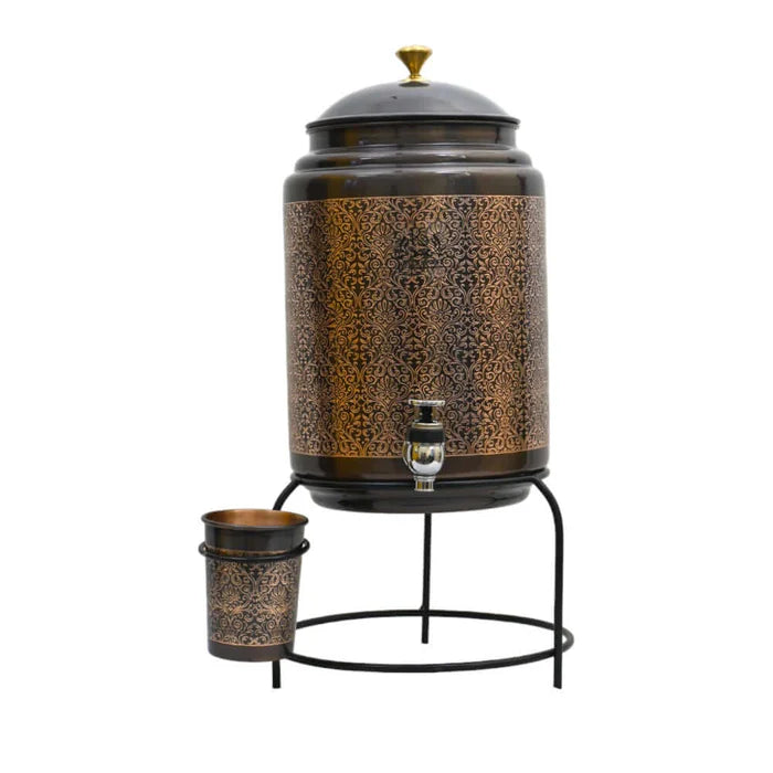 RoyalStuffs Copper Water Dispenser with Stand & Glass – 8 Liter Hammered Copper Water Tank