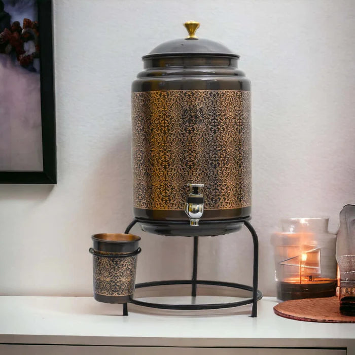 RoyalStuffs Copper Water Dispenser with Stand & Glass – 8 Liter Hammered Copper Water Tank