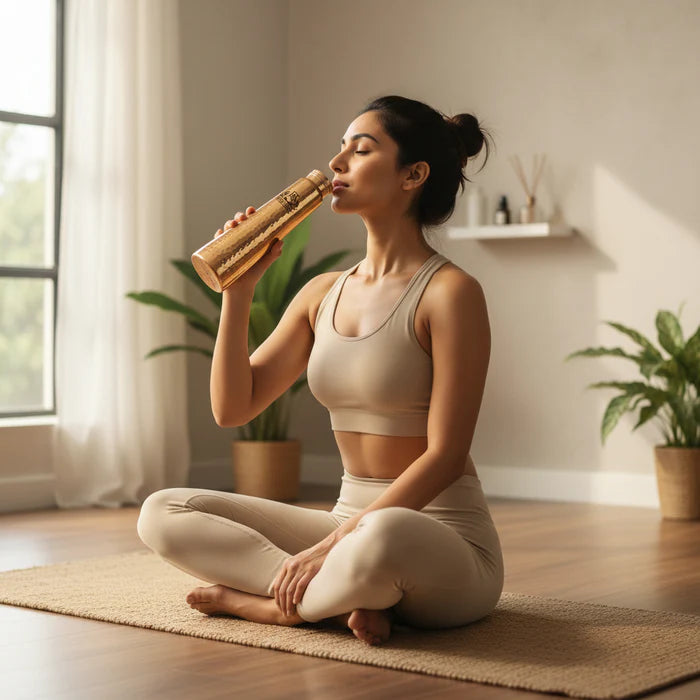 RoyalStuffs Leak-Proof Pure Copper Hammered Bottle – Tower Shape Yoga & Sports Water Bottle (700 ML)