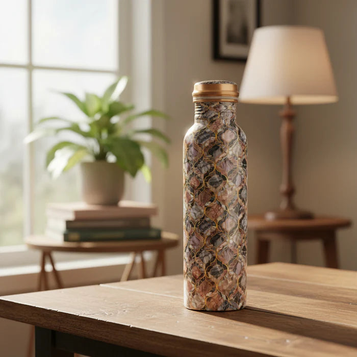 RoyalStuffs Pure Copper Vessel Meena Printed Water Bottle – Leak-Proof Ayurvedic Designer Drinkware (1000 ML)