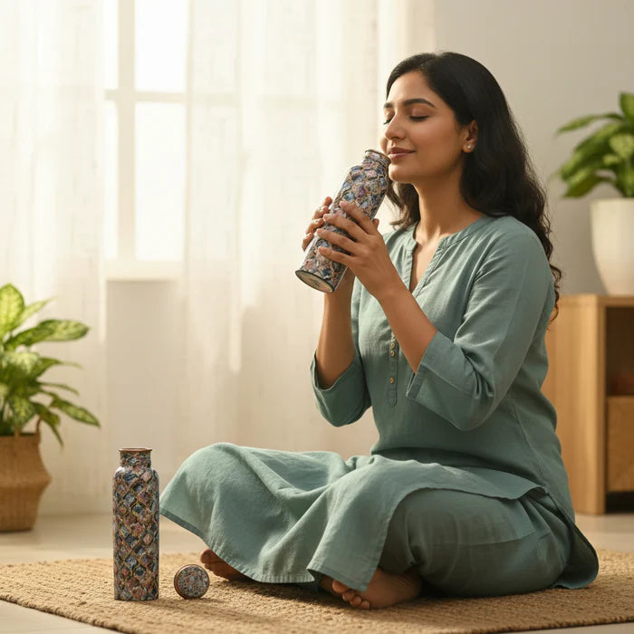 RoyalStuffs Pure Copper Vessel Meena Printed Water Bottle – Leak-Proof Ayurvedic Designer Drinkware (1000 ML)