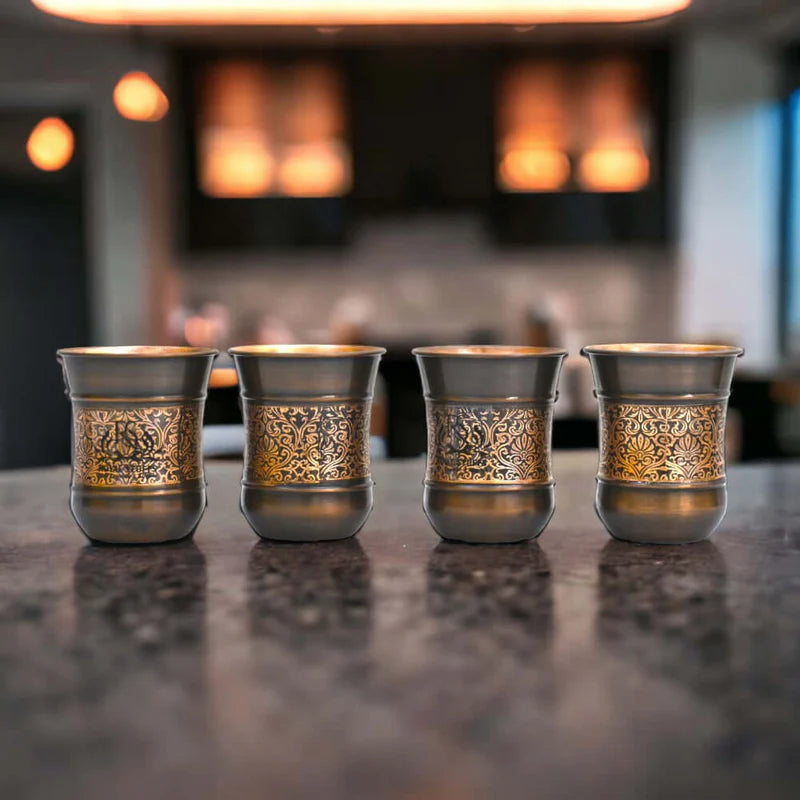 Copper Glass Kashmiri Design Set of 4 Handcrafted Pure Copper Drinking Glasses – 250 ML