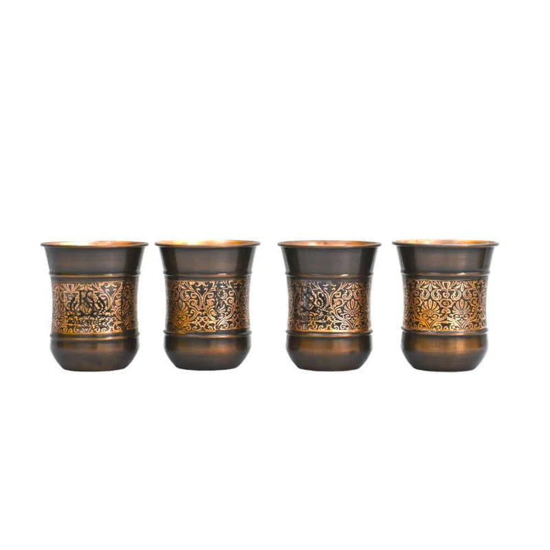 Copper Glass Kashmiri Design Set of 4 Handcrafted Pure Copper Drinking Glasses – 250 ML
