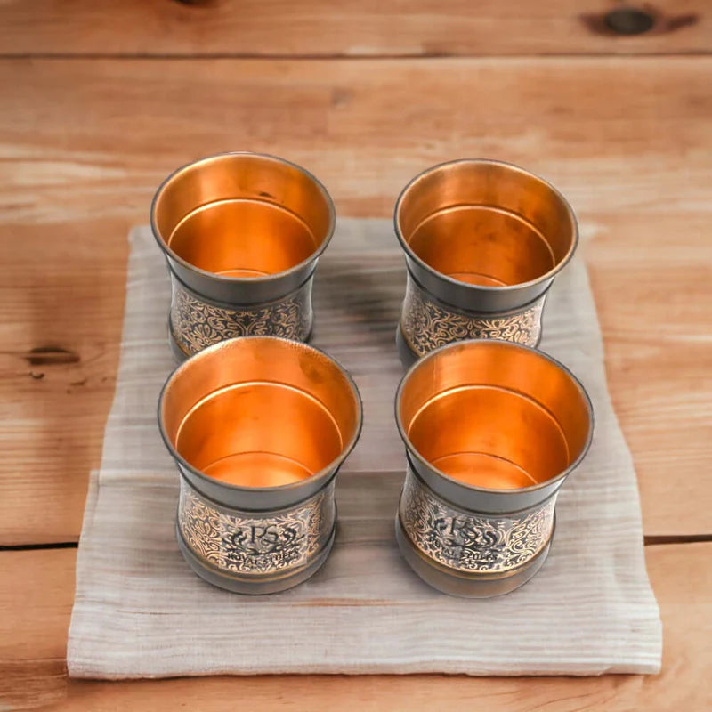 Copper Glass Kashmiri Design Set of 4 Handcrafted Pure Copper Drinking Glasses – 250 ML
