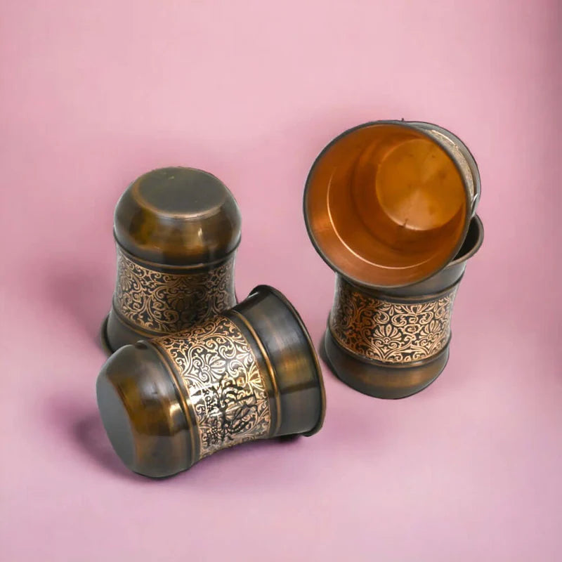 Copper Glass Kashmiri Design Set of 4 Handcrafted Pure Copper Drinking Glasses – 250 ML