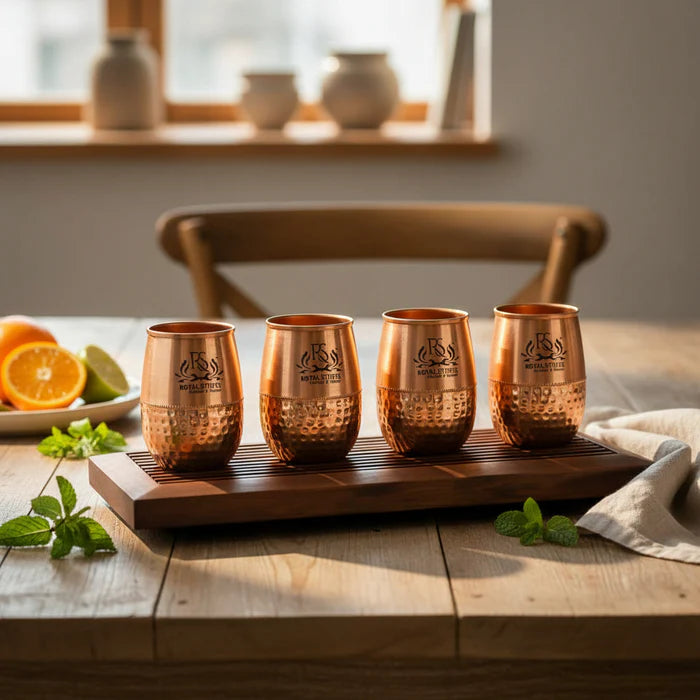 Dholak Shaped Pure Copper Water Glass Set – Handmade Drinkware Set of 4 (200 ML)
