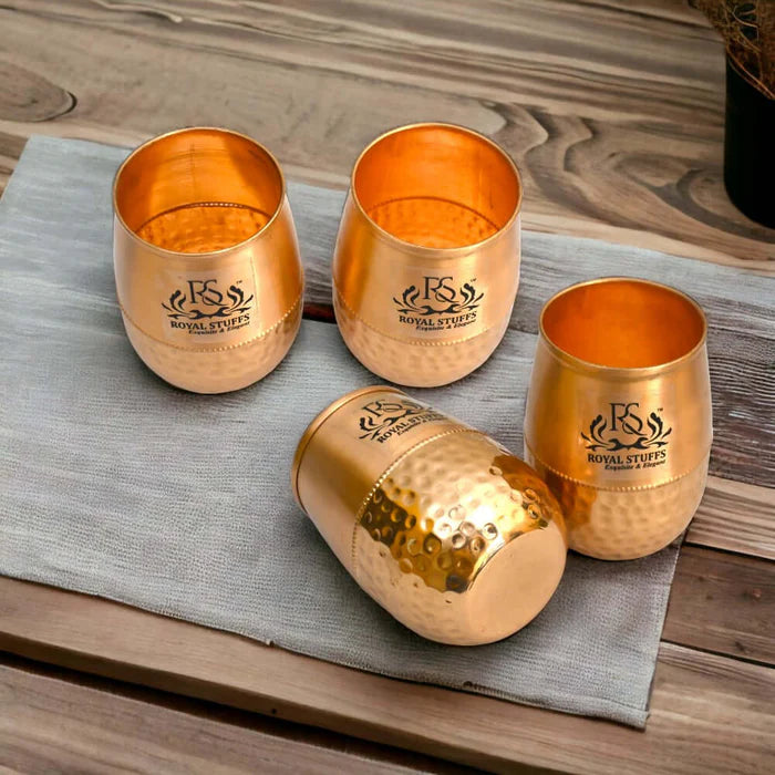 Dholak Shaped Pure Copper Water Glass Set – Handmade Drinkware Set of 4 (200 ML)