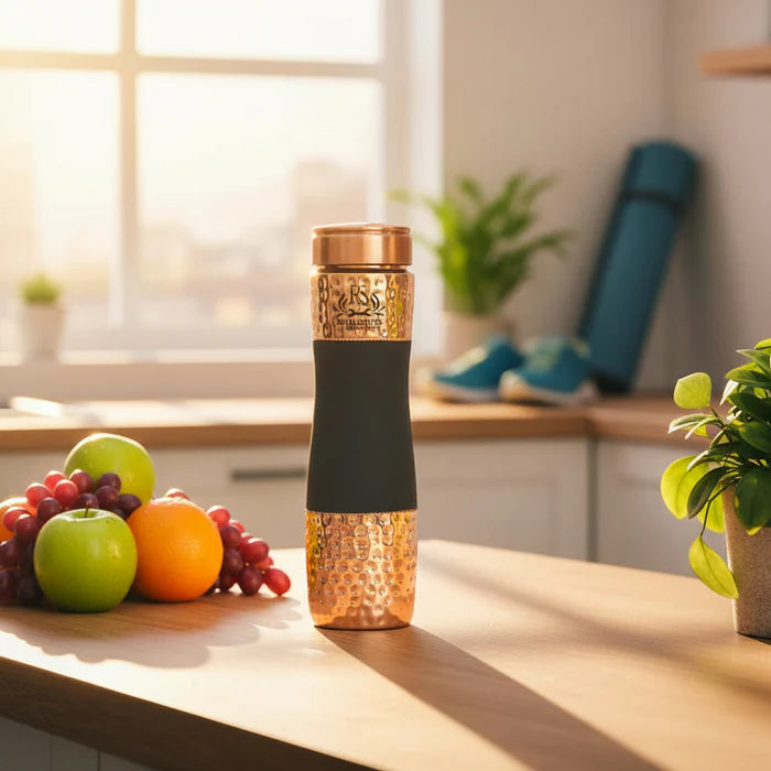 RoyalStuffs Pure Copper Hammered Bedside Carafe with Tumbler Lid – Black Designer Water Bottle (1000 ML)