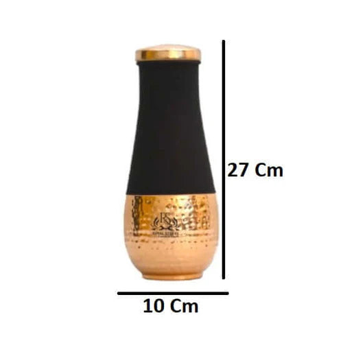 RoyalStuffs Pure Copper Bedroom Water Bottle with Inbuilt Glass – Brown Silk Hammered Surahi Carafe (1600 ML)