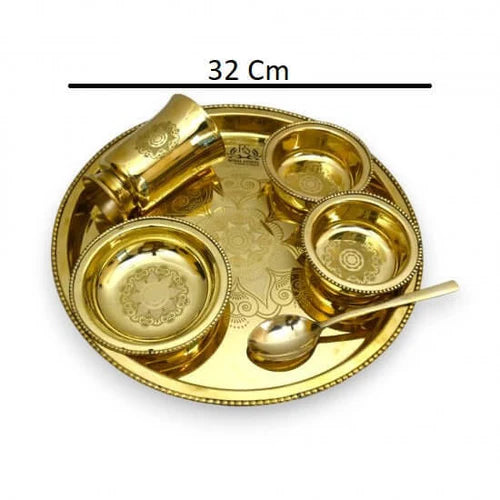 6 Piece Brass Thali Dinner Set – Premium Gold Finish Brass Dining Set with Thali, Bowls, Glass & Spoon