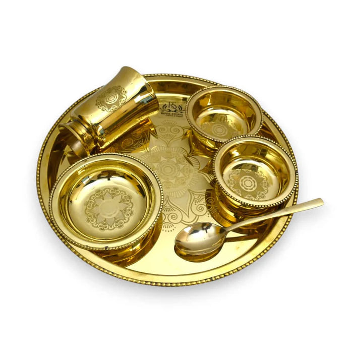 6 Piece Brass Thali Dinner Set – Premium Gold Finish Brass Dining Set with Thali, Bowls, Glass & Spoon