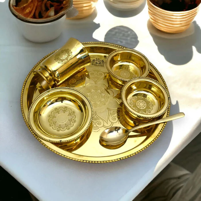 6 Piece Brass Thali Dinner Set – Premium Gold Finish Brass Dining Set with Thali, Bowls, Glass & Spoon