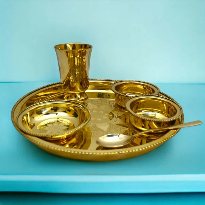 6 Piece Brass Thali Dinner Set – Premium Gold Finish Brass Dining Set with Thali, Bowls, Glass & Spoon