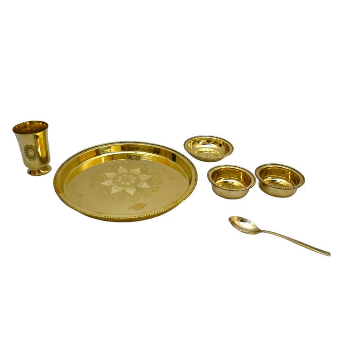 6 Piece Brass Thali Dinner Set – Premium Gold Finish Brass Dining Set with Thali, Bowls, Glass & Spoon