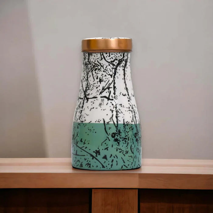 RoyalStuffs Sugar Pot Printed Bedside Carafe Bottle – Aqua White Designer Water Bottle (1000 ML)