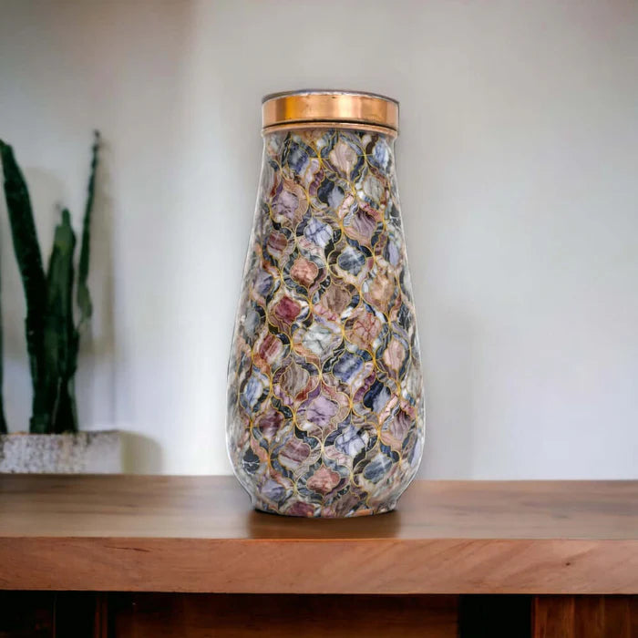 RoyalStuffs Pure Copper Designer Bedside Water Bottle – Premium Printed Copper Carafe with Tumbler Lid (1000 ML)