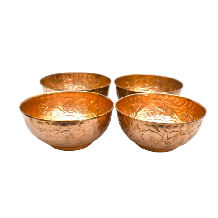 Set of 4 Embossed Leaf Design Copper Bowls – Handmade Serving Bowls (440 ML Each)