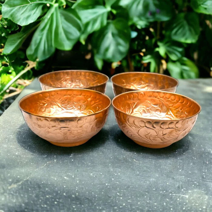 Set of 4 Embossed Leaf Design Copper Bowls – Handmade Serving Bowls (440 ML Each)