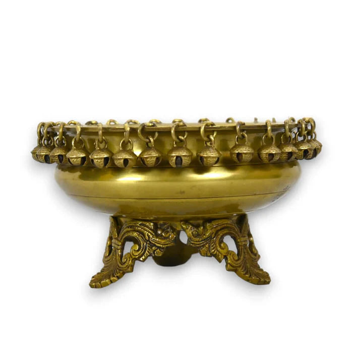 Brass Urli Bowl with Bells – Handcrafted Ethnic Decorative Bowl for Candles, Flowers & Home Décor