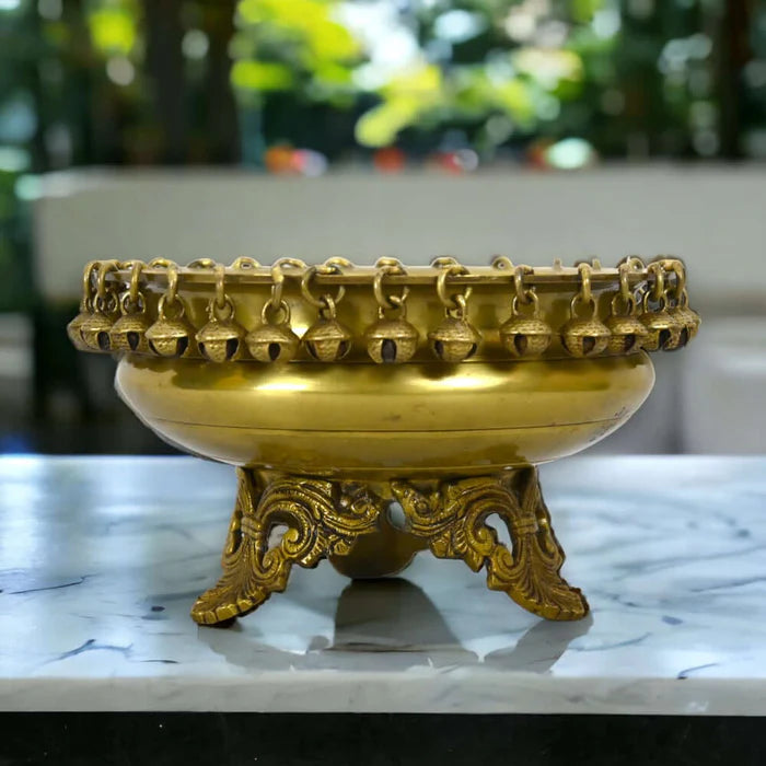 Brass Urli Bowl with Bells – Handcrafted Ethnic Decorative Bowl for Candles, Flowers & Home Décor